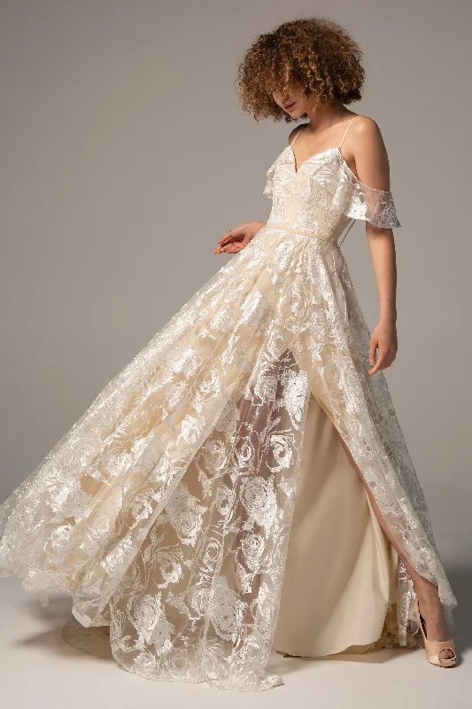 Hand-Beaded Gown A-Line Court Train Lace Wedding Dress CW2224