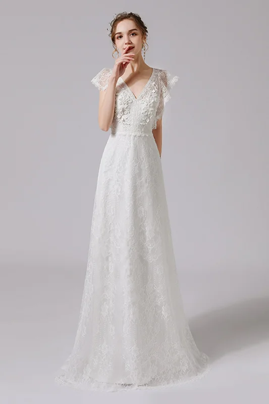 Pleated Gown A-Line Floor Length Lace Tulle Wedding Dress CW2708