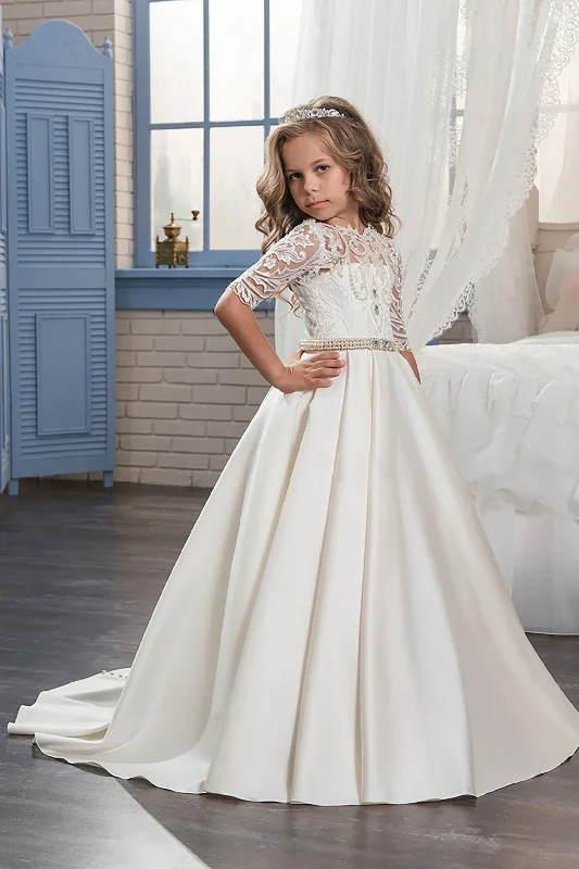 Off-Shoulder Dress A-Line Floor Length Satin Lace  Flower Girl Dress CF0320