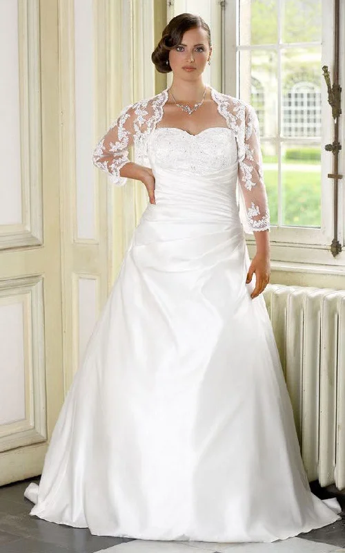 A-Line Floor-Length Sweetheart Long Sleeve Satin Sweep Train Side Draping Dress-714781