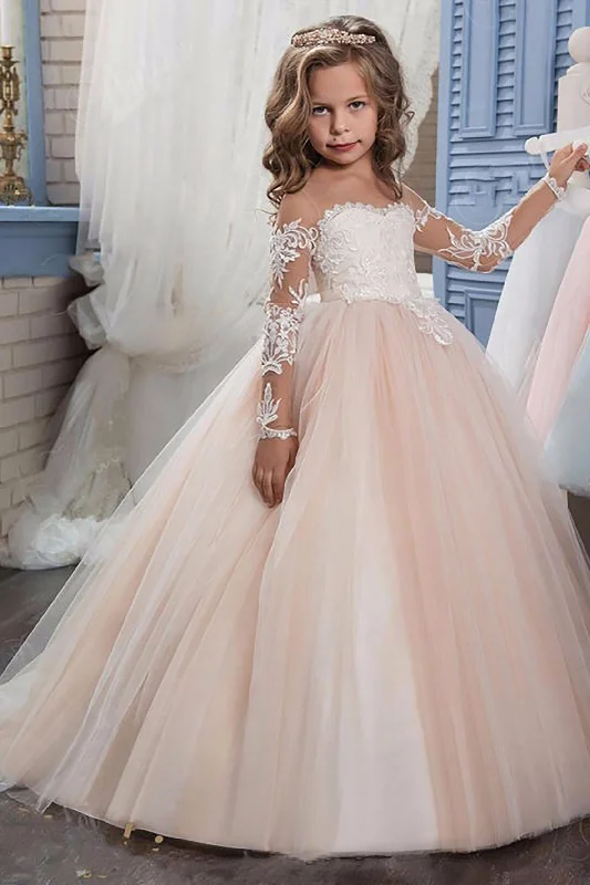 Regal Satin Gown A-Line Floor Length Tulle Lace Flower Girl Dress CF0303