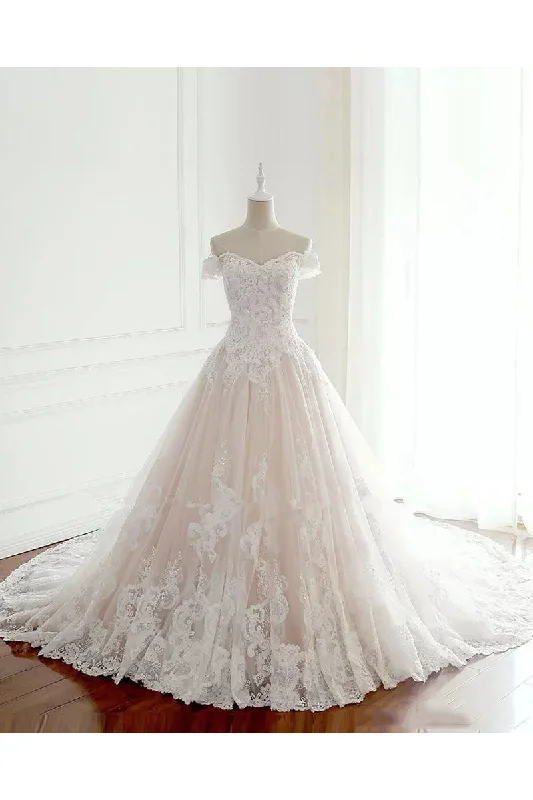 Mermaid Dress A-line Off-the-shoulder Sleeveless Floor-length Chapel Train Lace Tulle Wedding Dress with Pleats-715567