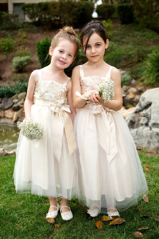 A-line Rosette Flower Girl Dress with Ribbon Bow Belt