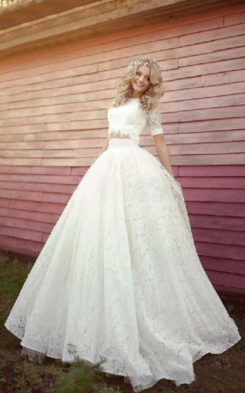 Strapless Dress A-Line High Neck Half Sleeve Lace Dress-713523