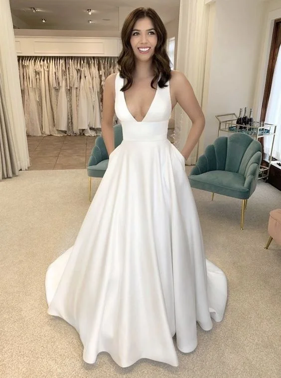 Off-Shoulder Dress A-line Simple Satin Vintage Long Wedding Dresses       fg6422