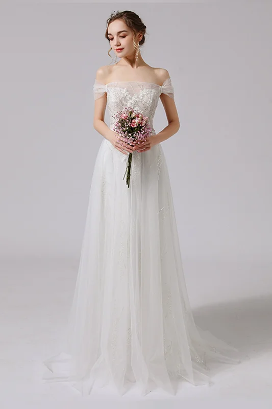 Contemporary Bridal Gown A-Line Sweep-Brush Train Lace Tulle Wedding Dress CW2716