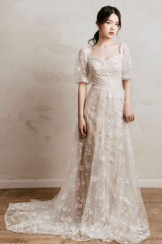 Stunning Wedding Gown A-Line Sweep-Brush Train Lace Tulle Wedding Dress CW3034