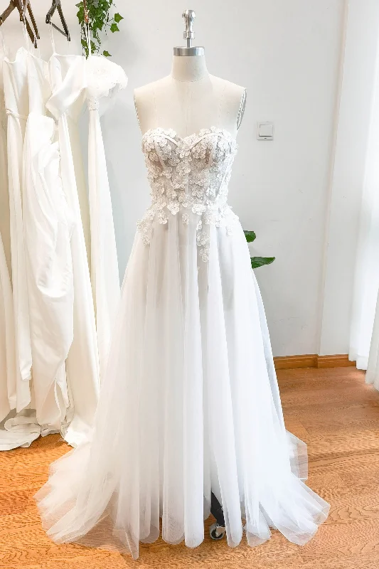 Satin Dress A-Line Sweep-Brush Train Lace Tulle Wedding Dress CW3117