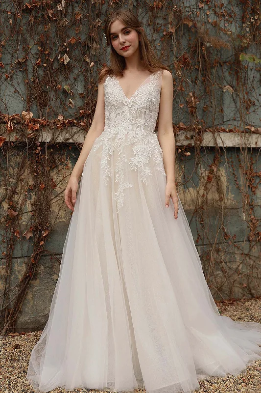 Crystal Embellished Dress A-Line Sweep-Brush Train Tulle Wedding Dress CW3028