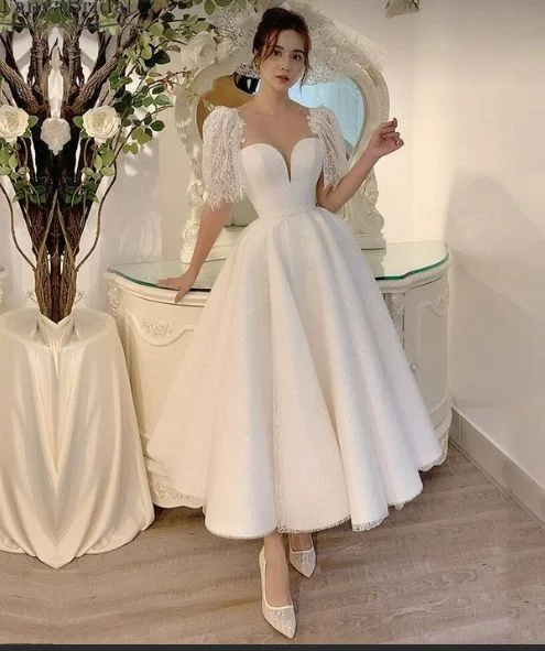 Simple Gown A-line Tea Length Lace Wedding Dresses With Short Sleeves       fg6418