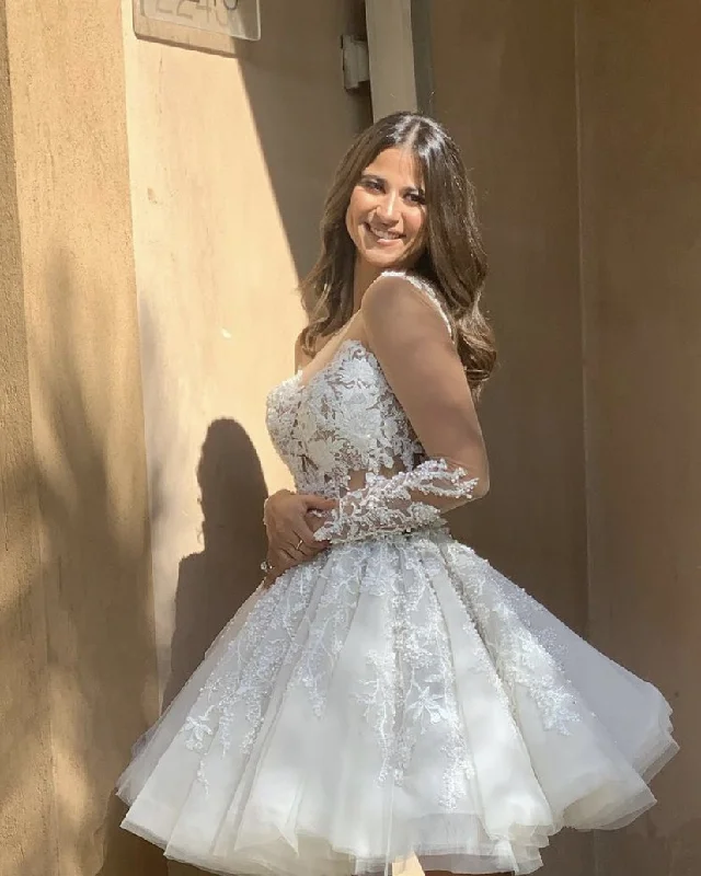 Long Train Gown A Line Unique Short Wedding Dress with Lace Appliques     fg6599