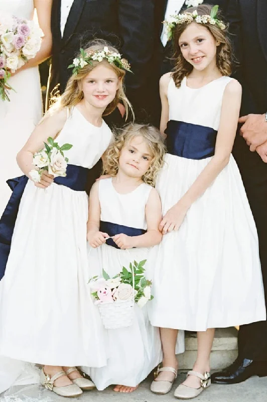 Fairytale Gown A-line White Flower Girl Dress with Navy Blue Ribbon