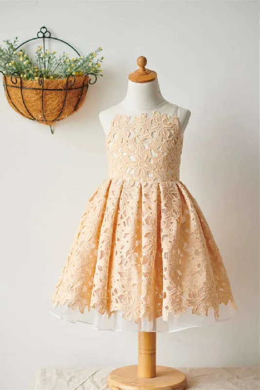 Romantic Lace Dress Adorable Champagne Lace Girl Party Dress