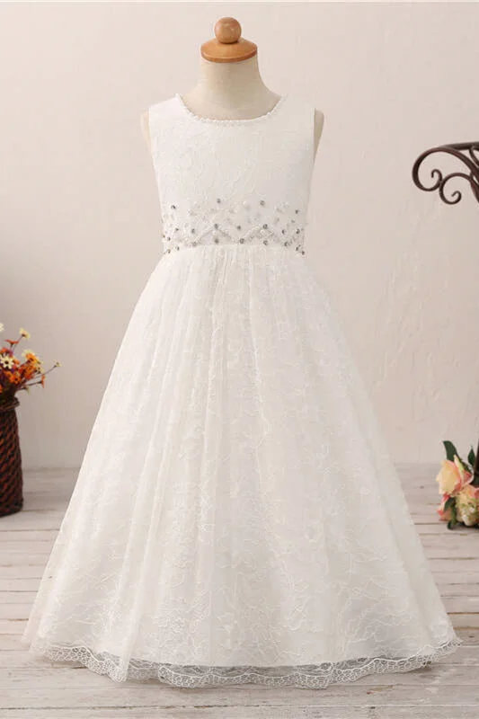 Adorable Pearls White Lace Flower Girl Dress with Bow