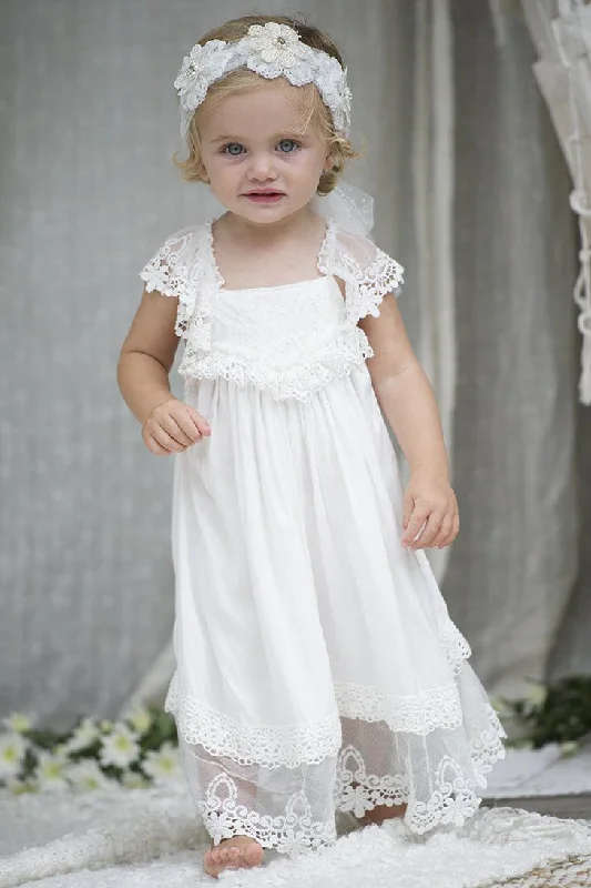 Embroidered Gown Adorable White Chiffon Long Flower Girl Dress with Criss Back