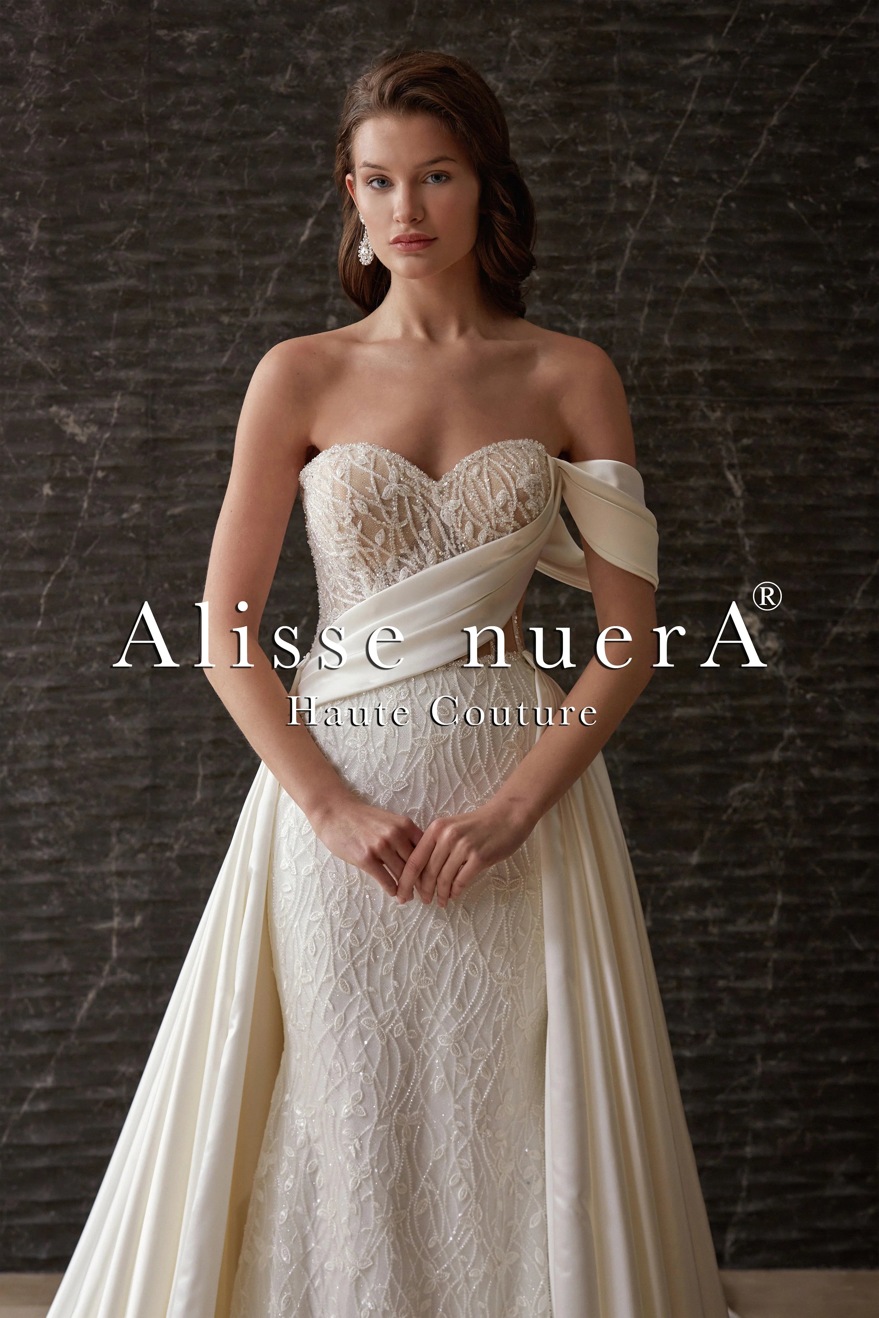Dreamy Lace Gown Asymmetrical Satin Draped Corset Back Sheath Bridal Dress with Detachable Satin Train Dreamy Lace Gown Asymmetrical Satin Draped Corset Back Sheath Bridal Dress with Detachable Satin Train