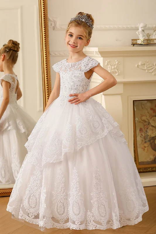 Elegant Satin Dress Ball Gown Floor Length Tulle Lace Flower Girl Dress CF0267