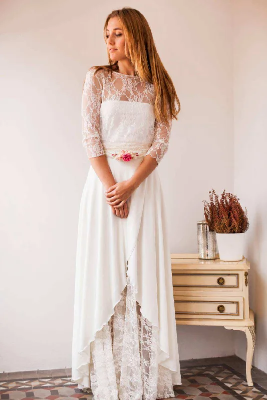 Sleeveless Dress Bateau Lace Illusion Chiffon Floor-Length Wedding Dress With Pleats-715040 Sleeveless Dress Bateau Lace Illusion Chiffon Floor-Length Wedding Dress With Pleats-715040