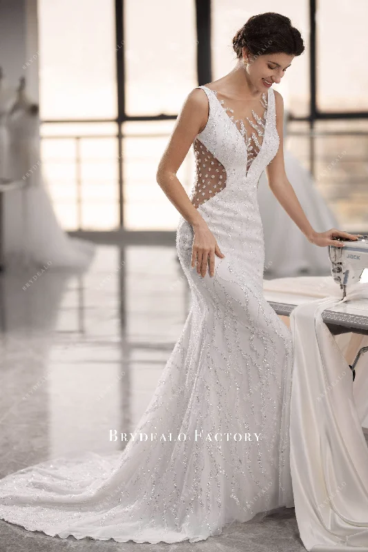 Backless Gown Beaded Lace Cutout Long Mermaid Wedding Dress