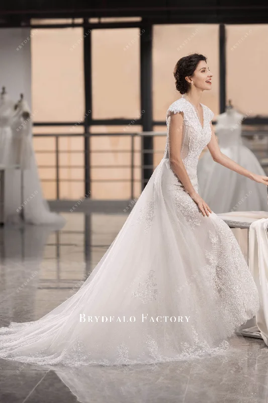 Designer Gown Luxury Beaded Lace Mermaid Detachable Overskirt Wedding Dress