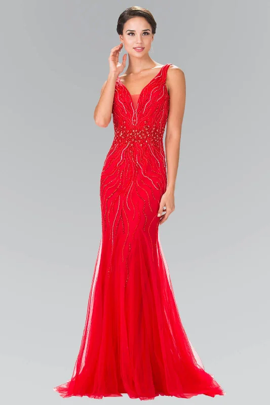 Gold Embroidered Dress Long Sleeveless V-Neck Prom Dress