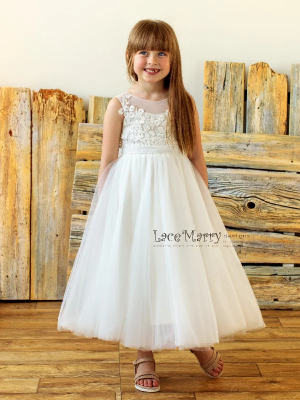 BETCY / Junior Bridesmaid Dress with Ivory Flower Appliques