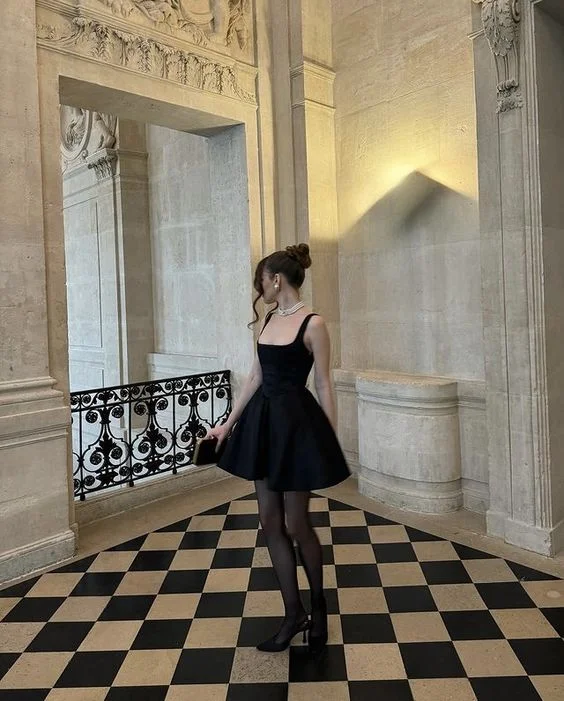 Shimmering Dress black mini wedding dress evening dress, square neck above knee Party Dress fg6356 Shimmering Dress black mini wedding dress evening dress, square neck above knee Party Dress fg6356