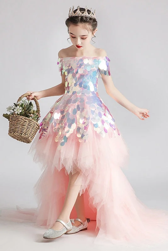 Silk Organza Gown Bling Bling Big Sequin Shinny Pink Girl Party Gown