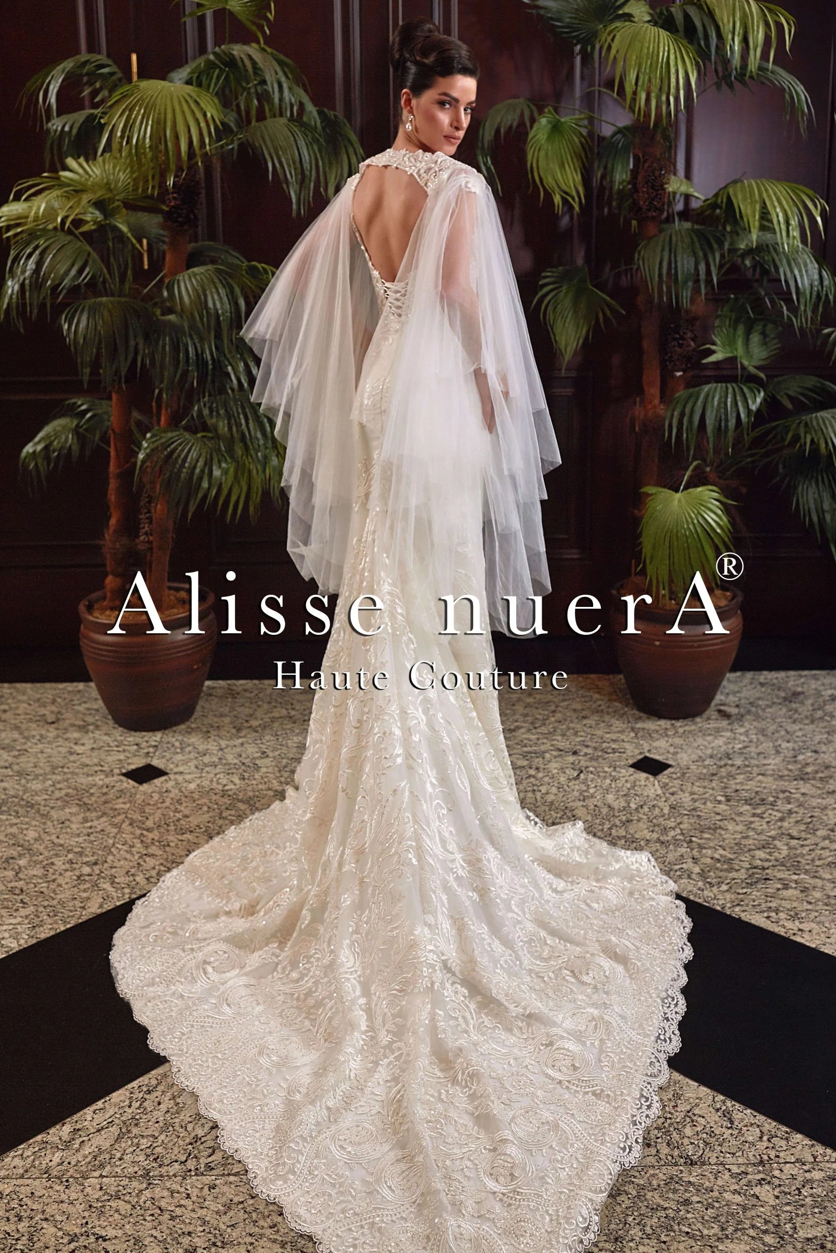 Unique Silhouette Gown Boat Neckline Mermaid Lace Bridal Gown with Over Shoulder Bridal Cape Unique Silhouette Gown Boat Neckline Mermaid Lace Bridal Gown with Over Shoulder Bridal Cape