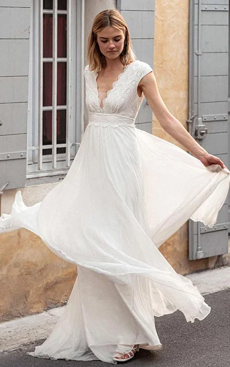 Enchanting Wedding Dress Bohemian V-neck Chiffon Lace A Line Short Cap Sleeve V Back Wedding Dress with Sweep Train-715905 Enchanting Wedding Dress Bohemian V-neck Chiffon Lace A Line Short Cap Sleeve V Back Wedding Dress with Sweep Train-715905
