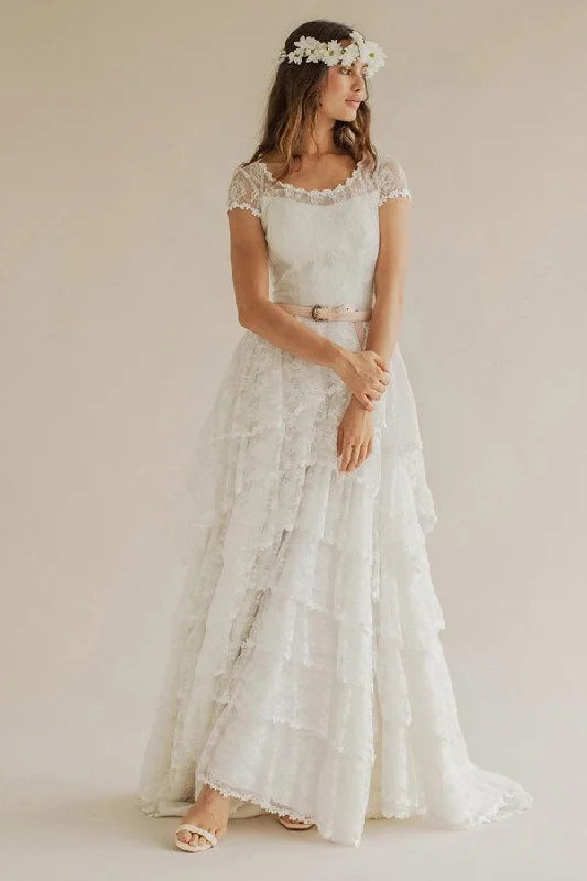 Bridal Gown Boho Scoop Neck Cap Sleeve A-Line Tiered Weding Dress With Court Train - ET_711533 Bridal Gown Boho Scoop Neck Cap Sleeve A-Line Tiered Weding Dress With Court Train - ET_711533