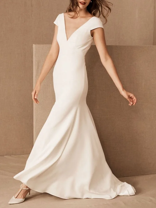 Ruffled Ball Gown Bridal Dress V-Neck Trumpet Mermaid Short Sleeves Zipper Back Wedding Dress Ruffled Ball Gown Bridal Dress V-Neck Trumpet Mermaid Short Sleeves Zipper Back Wedding Dress