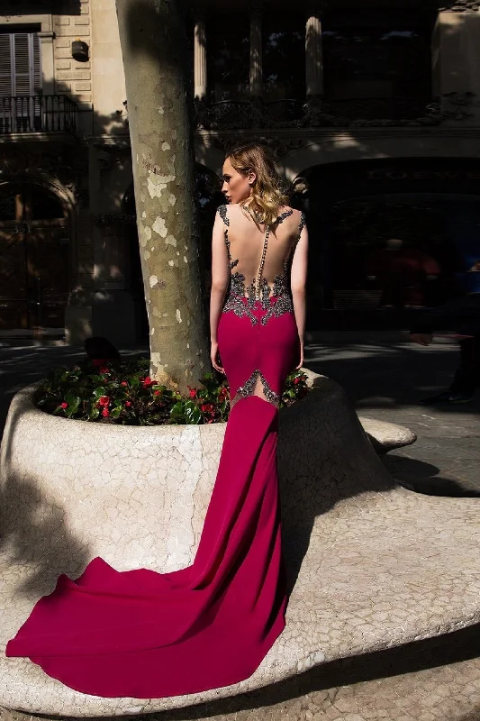 Formal Open Back Mermaid Dress with Train in Burgundy