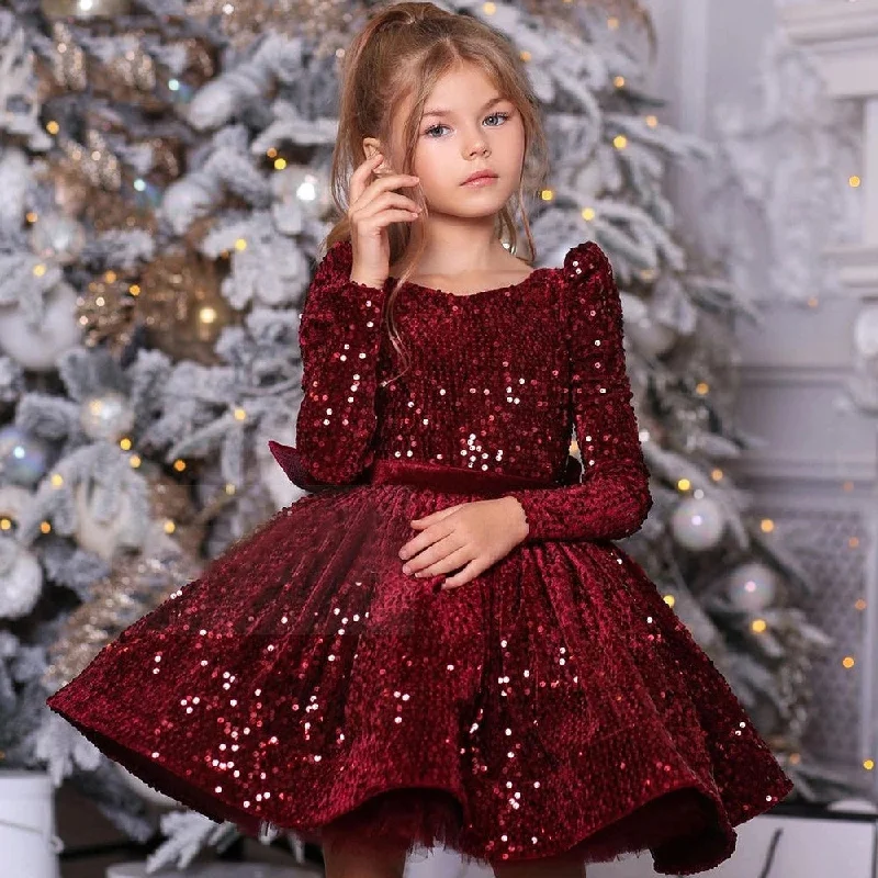 Burgundy Sequin Flower Girl Dress Full Sleeves