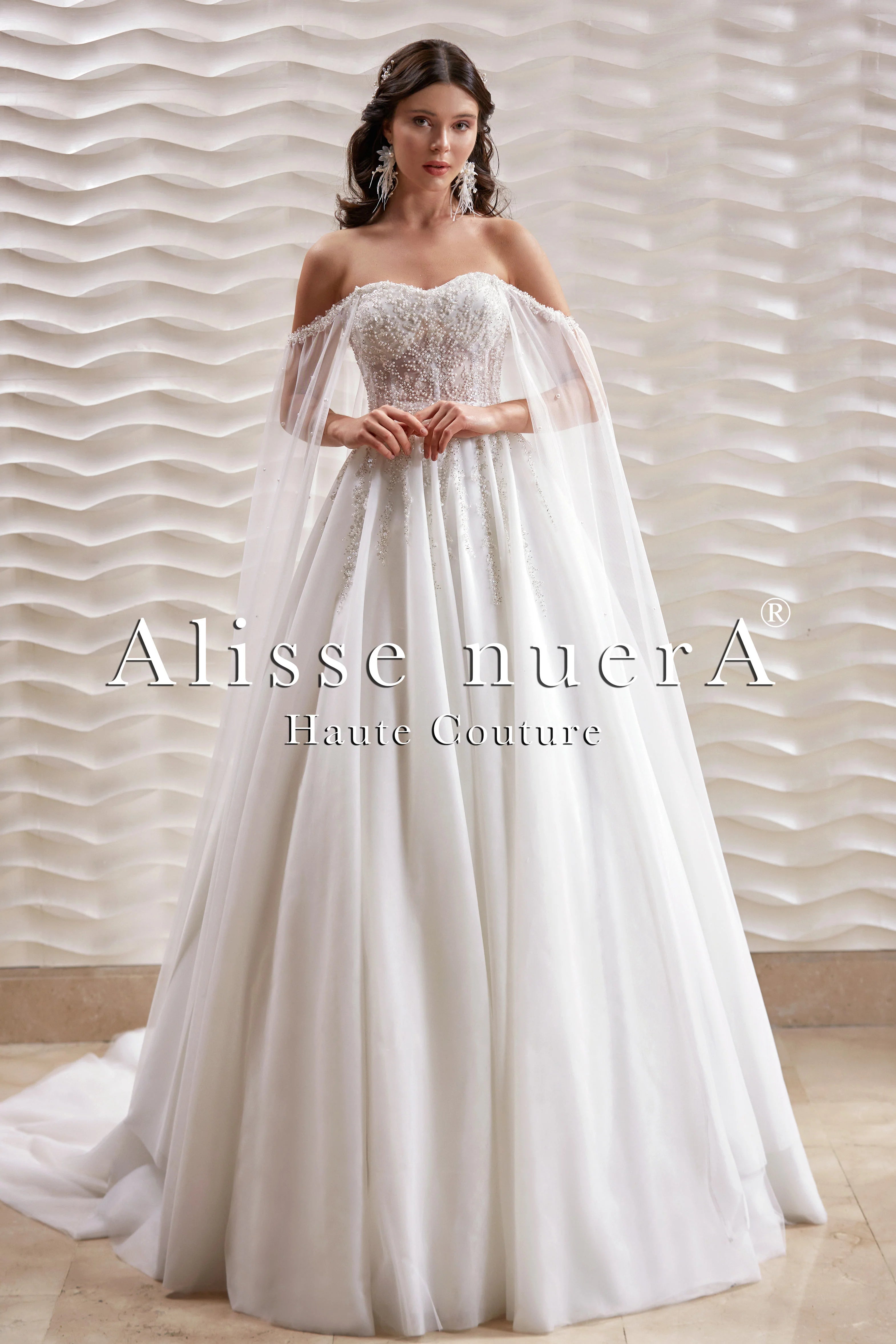Dramatic Train Gown Cape Detailed Pearl Embroidered Empire Waist Wedding Dress