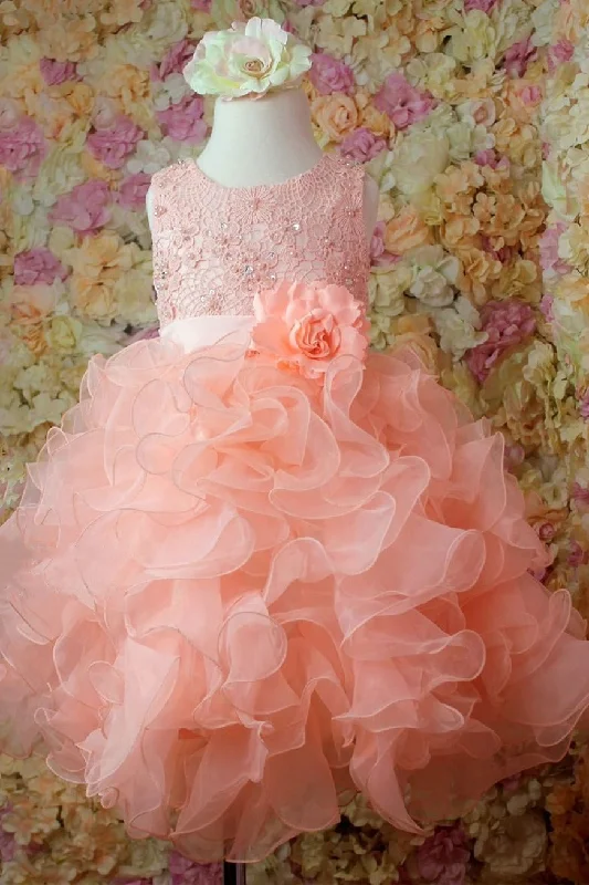 Hand-Beaded Gown Cascading Ruffles Blush Flower Girl Dress with Belt