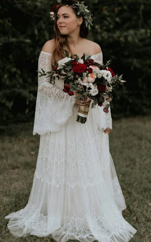 Luxury Lace Gown Casual A Line Lace Off-the-shoulder Long Sleeve Wedding Dress With Pleats-715981