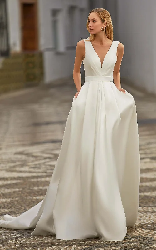 Casual A Line V-neck Satin Court Train Wedding Dress with Pockets-716101