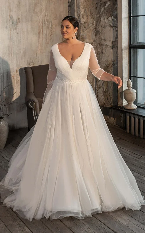 Casual V-neck A Line Tulle Court Train Wedding Dress with Ruching-716099