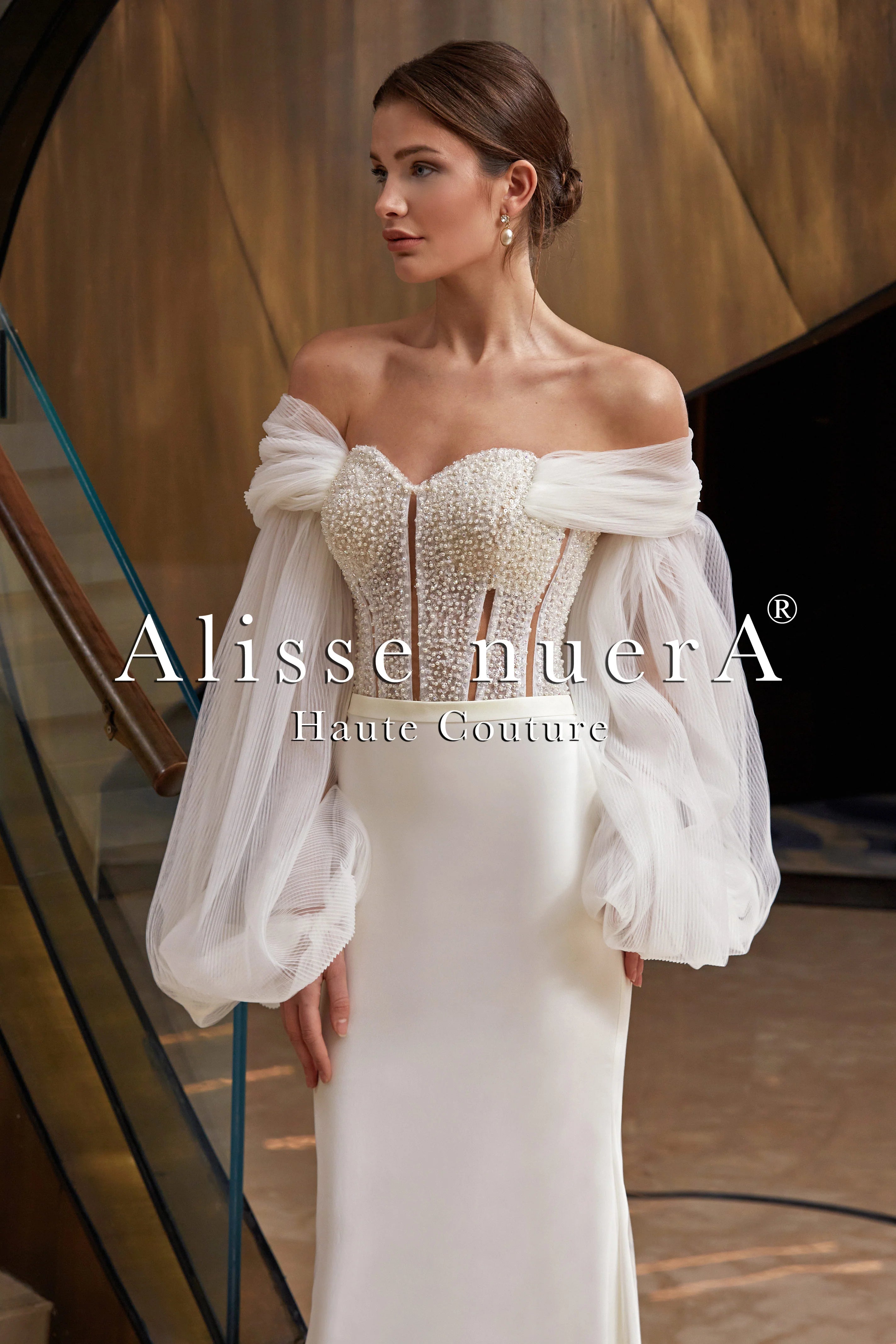 Luxury Lace Gown Cathedral Train Off Shoulder Long Wide Sleeve Bridal Dress
