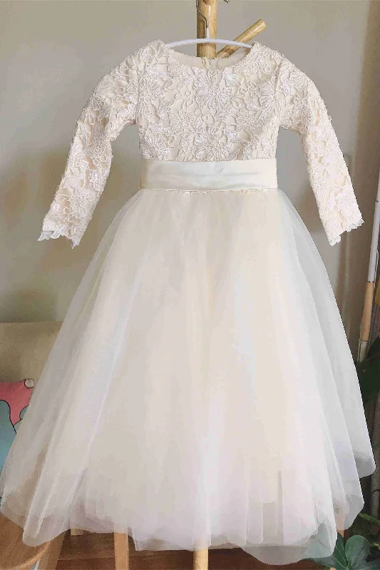 Silver Embellished Gown Champagne Crew Neck Lace Floor Length Flower Girl Dress with Long Sleeves
