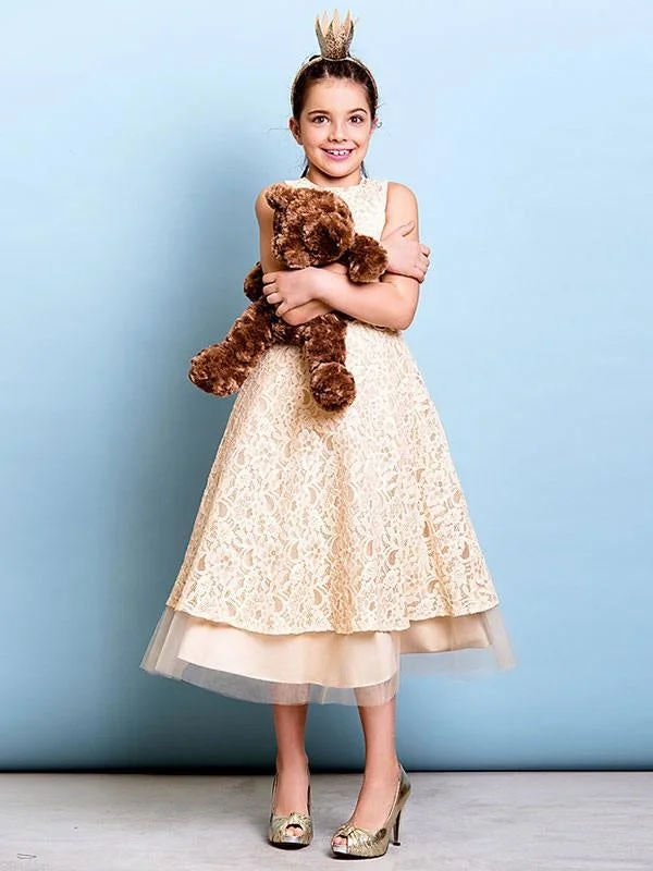 Champagne Golden Jewel Neck Sleeveless A Line Lace Kids Party Dresses