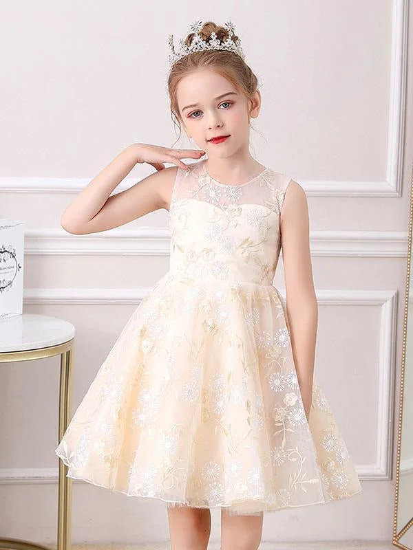 Champagne Kids Social Party Dresses Jewel Neck Sleeveless Flower Girl Dresses