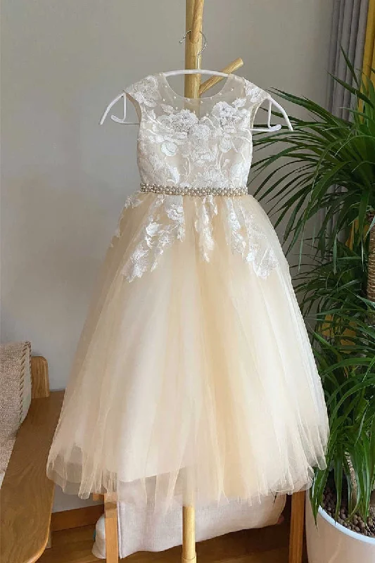 Ornate Lace Dress Champagne Lace Tulle Flower Girl Dress with Beaded Belt