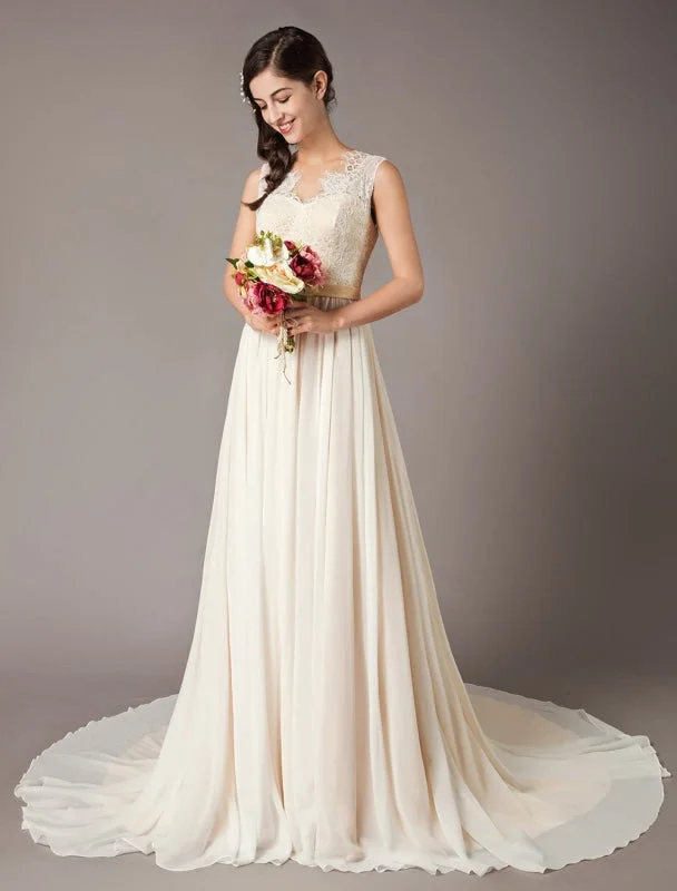 Princess Gown Champagne Wedding Dresses Beach Lace Chiffon V Neck Bridal Dress