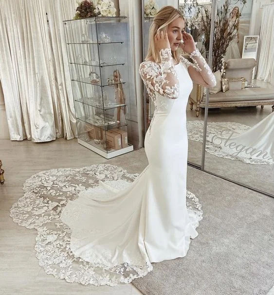 Tea-Length Dress Chapel-length Petal Train Low Back Stretch Crepe Wedding Dress With Long Sleeves fg6562 Tea-Length Dress Chapel-length Petal Train Low Back Stretch Crepe Wedding Dress With Long Sleeves fg6562