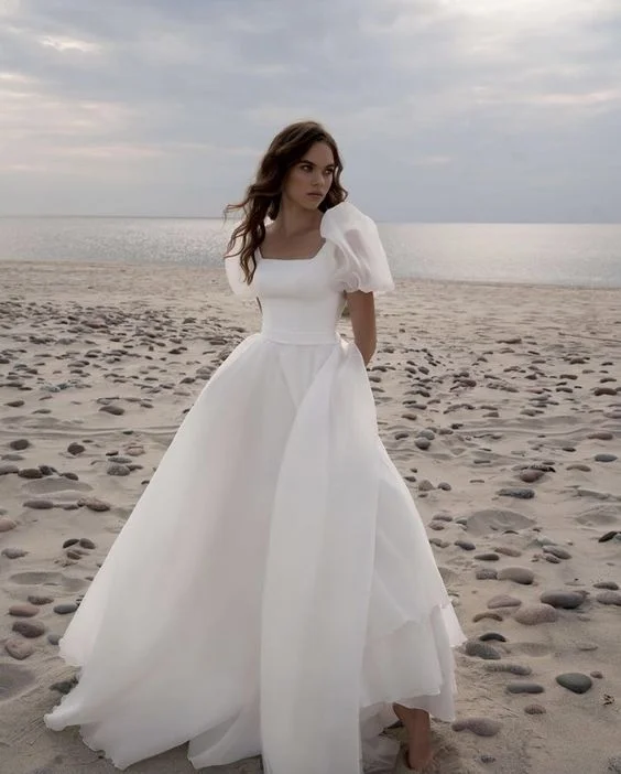 Tea-Length Dress Charming A-Line Square Neck Puff Sleeves Wedding Dresses with Train fg5860 Tea-Length Dress Charming A-Line Square Neck Puff Sleeves Wedding Dresses with Train fg5860
