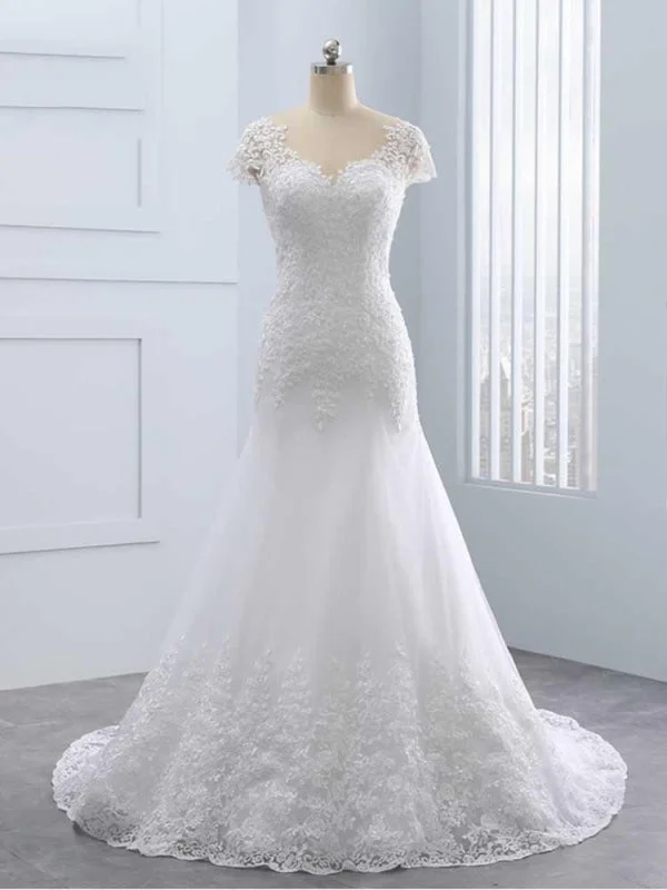 Ruffled Ball Gown Cap Sleeves Lace Mermaid Tulle Wedding Dresses