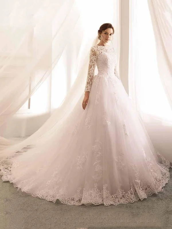 Elegant Dress Long Sleeves Lace Tulle Aline Wedding Dresses