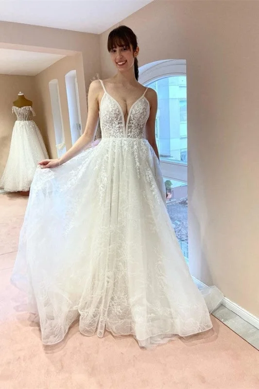Appliqué Dress Charming Floor Length Spaghetti Straps Sleeveless A Line Lace Tulle Wedding Dress with Applique Appliqué Dress Charming Floor Length Spaghetti Straps Sleeveless A Line Lace Tulle Wedding Dress with Applique